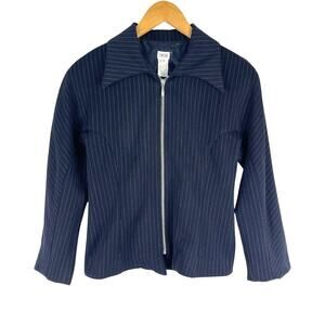 Vintage Y2K Cache Navy Pinstripe Zipper Stretchy Jacket Pointed Collar Women's 4